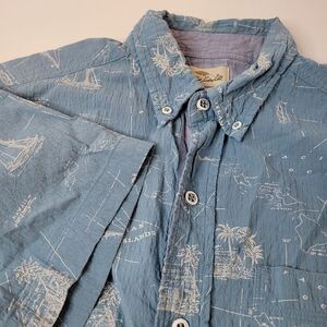 Bob Timberlake Shirt Men Medium Blue Excellent Hawaiian Map Seersucker Button Up